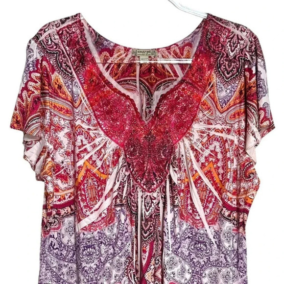 Energe 2X red + multicolor boho print flutter short sleeve‎ top - Picture 2 of 5